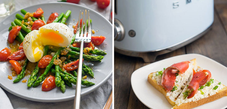 Ideea unui prânz de vară: toasturi cu somon și salată caldă de sparanghel